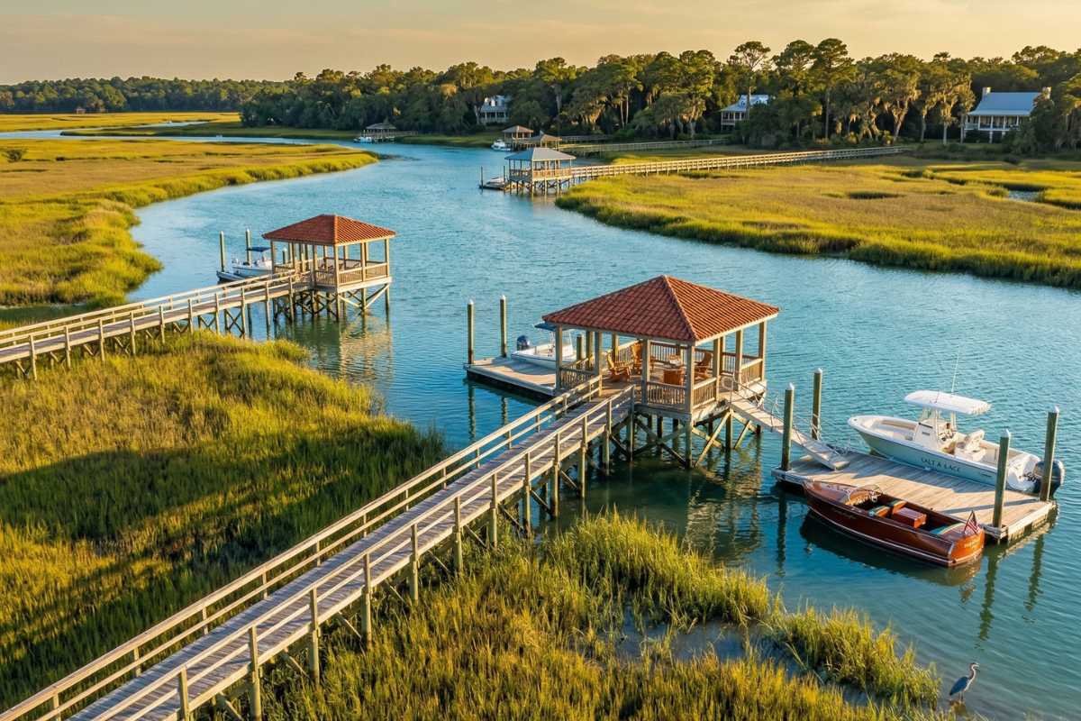 Deep water dock and marsh views on James Island SC, showcasing Lowcountry riverfront property available through Live In Charleston.