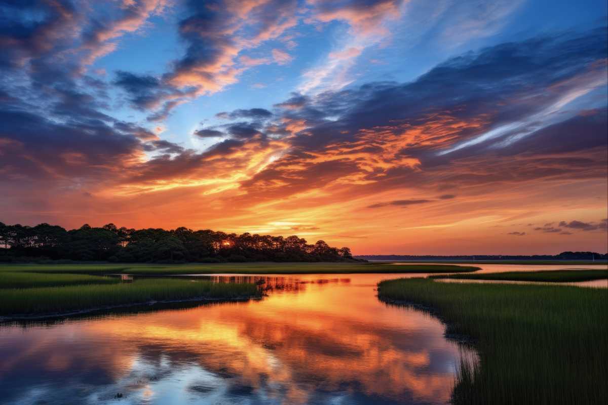 Golden hour sunset over the Johns Island SC marshes and tidal creeks, representing rural luxury real estate with Live In Charleston.