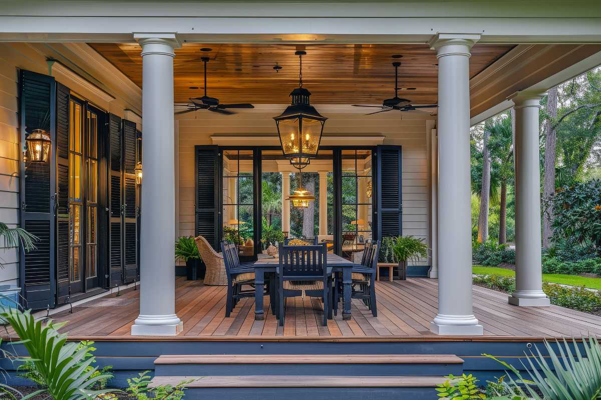Elegant Lowcountry porch with black shutters and gas lanterns on Kiawah Island SC, featuring luxury estates from Live In Charleston.